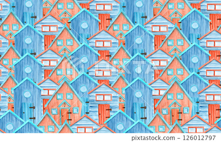Rustic colorful huts paved seamless pattern. Hand painted simple watercolor illustration perfect for wrapping paper, wallpaper, textile, cards, children room design. Cute decorative house. Blue red Rustic colorful huts paved seamless pattern. Hand painted simple watercolor illustration perfect for wrapping paper, wallpaper, textile, cards, children room design. Cute decorative house. Blue red 126012797