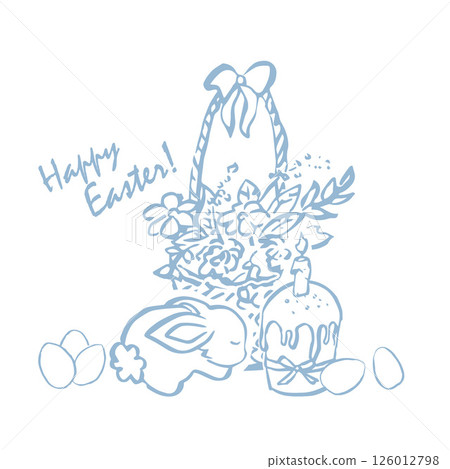 Easter composition with a rabbit, flowers and eggs. Ready template for a postcard, poster, invitation for Easter. Vector illustration. Easter composition with a rabbit, flowers and eggs. Ready template for a postcard, poster, invitation for Easter. Vector illustration. 126012798