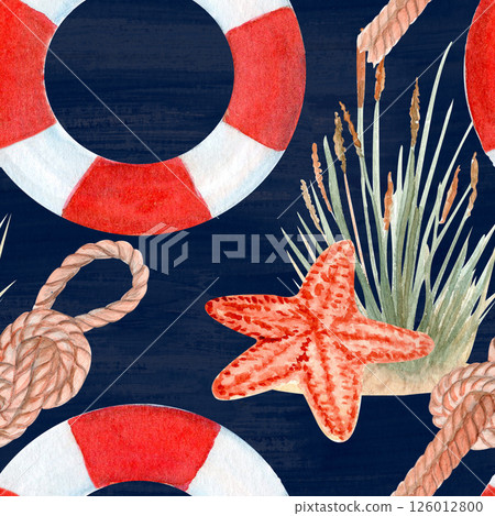 Seamless watercolor pattern of hand-painted nautical elements classic red lifebuoy, textured starfish, coastal plant, rope tied in sailors knot. Perfect for summer-themed fabric, beachwear, home decor Seamless watercolor pattern of hand-painted nautical elements classic red lifebuoy, textured starfish, coastal plant, rope tied in sailors knot. Perfect for summer-themed fabric, beachwear, home decor 126012800