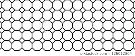 Tile floor or wall pattern with octagon and square shapes. Mosaic texture in vintage style. Cafe or restaurant interior ornament. Black and white geometric print. Vector outline illustration Tile floor or wall pattern with octagon and square shapes. Mosaic texture in vintage style. Cafe or restaurant interior ornament. Black and white geometric print. Vector outline illustration 126012804