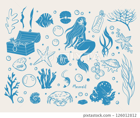 Mermaids and sea creatures - blue color. Sea collection doodle hand drawn. Big mermaid set. Vector illustrations. Mermaids and sea creatures - blue color. Sea collection doodle hand drawn. Big mermaid set. Vector illustrations. 126012812