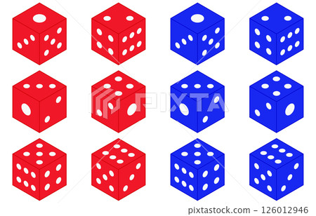 Set of 6 red and blue dice 3D illustrations 126012946