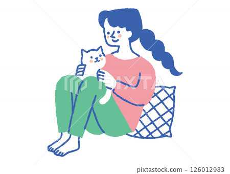 Woman relaxing with a cat at home_Color 126012983