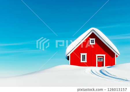 Red house stands alone in pristine white snow with a clear blue sky above. Snow-covered landscape creates a tranquil atmosphere. Concept of winter homes, cozy retreats, tourism. Red house stands alone in pristine white snow with a clear blue sky above. Snow-covered landscape creates a tranquil atmosphere. Concept of winter homes, cozy retreats, tourism. 126013157