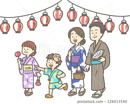 一家人穿著浴衣在燈籠下行走的插圖 126013540