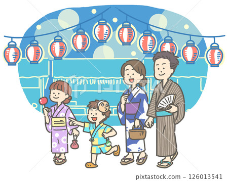 Illustration of a family wearing yukata walking through a summer festival at night 126013541