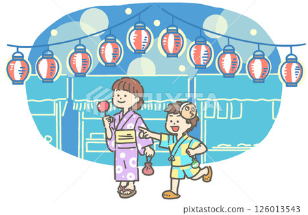 Illustration of a boy and girl wearing yukata and jinbei walking through a summer festival at night 126013543