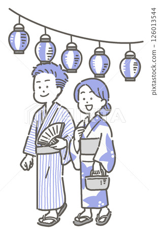 Illustration of a couple wearing yukata walking under a paper lantern 126013544