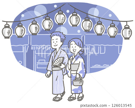 Illustration of a couple wearing yukata walking through a summer festival at night 126013545