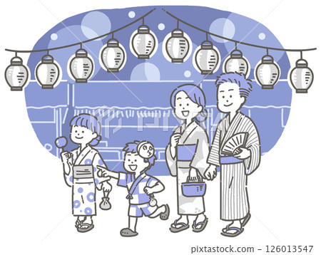 一家人穿著浴衣在夜晚的夏日祭典中漫步的插圖 126013547