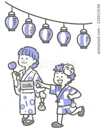 Illustration of a boy and girl wearing yukata and jinbei walking under a lantern 126013548