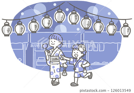 Illustration of a boy and girl wearing yukata walking through a summer festival at night 126013549
