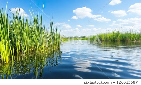 Peaceful summer lake scene with reeds and blue sky reflections. 126013587