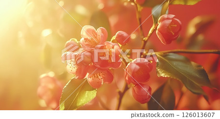 Close up of peach blossom blooms on branches lit by sunlight, floral springtime beauty. 126013607