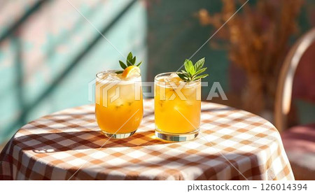 Two eye-catching spring cocktails sitting on a beautifully arranged table with a tablecloth 126014394