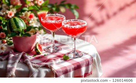 Two lively watermelon margaritas garnished with lime slices, perfect for savoring in the spring season 126014606