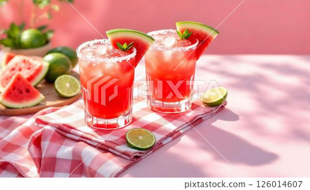 Two invigorating glasses of watermelon margarita, topped with lime slices, make for the perfect springtime cocktail Two invigorating glasses of watermelon margarita, topped with lime slices, make for the perfect springtime cocktail 126014607