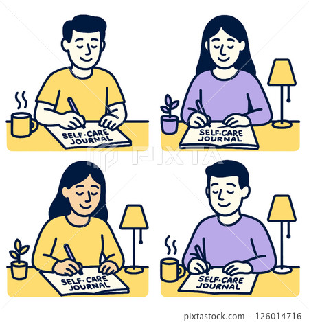 Self care journal illustration featuring diverse individuals writing journal, promoting 126014716
