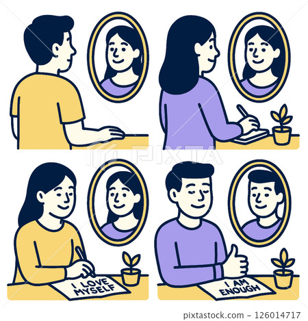 Self love illustration with positive affirmations and reflections mirror, promoting self 126014717