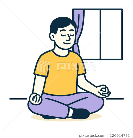 Meditating man relaxed pose, sitting cross legged by window, promoting calmness and mindfulness 126014721