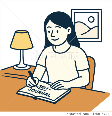 Person writing in self journal at desk with lamp and picture on wall 126014722