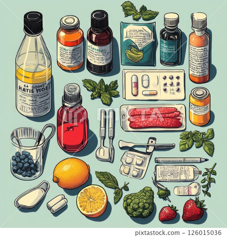 Colorful assortment of medicinal supplies, food, and vitamins on a light-blue background, showing a comprehensive medical kit 126015036
