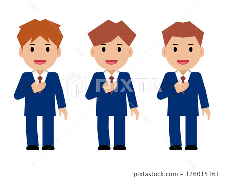 A young man in a navy blue suit talking with his hand on his chest 126015161