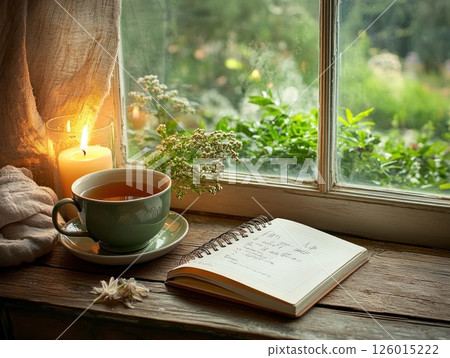 Cozy window seat with tea, journal, and garden view 126015222