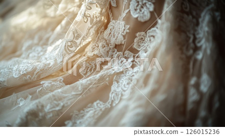 Delicate Wedding Lace Detail, Sunlight on Fabric 126015236