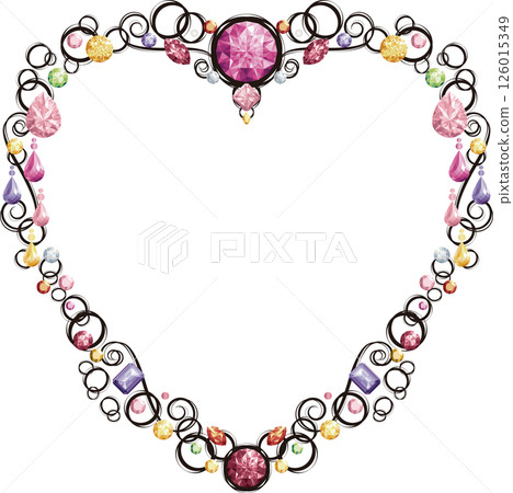 Heart-shaped frame decorated with jewels (warm colors, black lines) Heart-shaped frame decorated with jewels (warm colors, black lines) 126015349