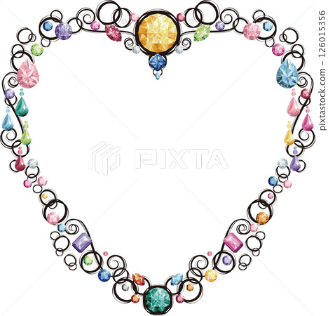 Heart-shaped frame decorated with jewels (multicolored and black lines) Heart-shaped frame decorated with jewels (multicolored and black lines) 126015356