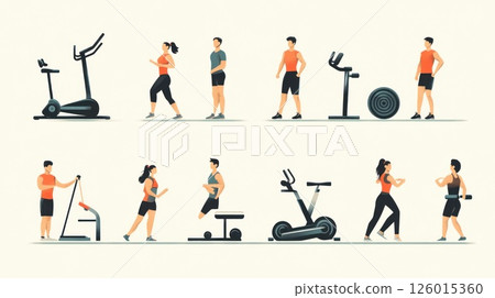 Diverse people exercising on various gym equipment in a fitness center 126015360