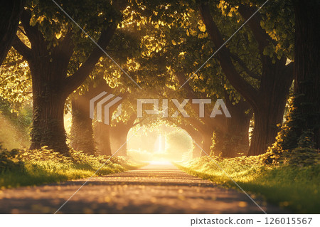 A winding road through a dense forest, illuminated by sunbeams filtering through lush foliage, creating a serene and enchanting atmosphere. 126015567