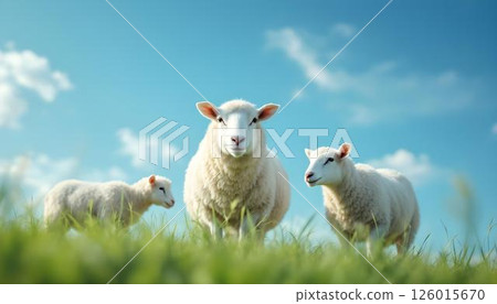 Three sheep in a grassy field represent sacrifice for Eid al-Adha, set against a peaceful background Three sheep in a grassy field represent sacrifice for Eid al-Adha, set against a peaceful background 126015670