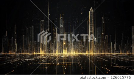 A futuristic cityscape glowing with golden lights, featuring abstract buildings and a cybernetic, digital atmosphere under a dark sky. 126015776