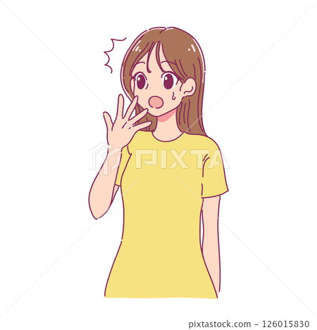 A cartoon-style illustration of a woman looking surprised with her hand over her mouth (color) 126015830