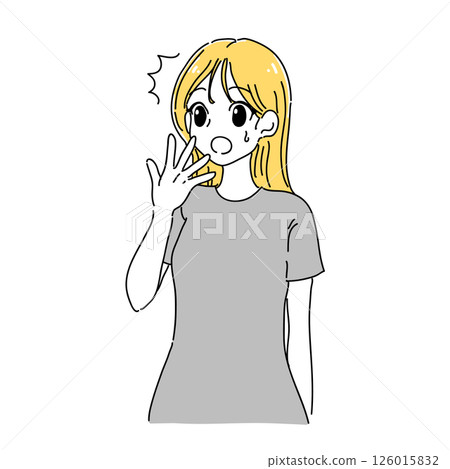 卡通風格的插圖，一位女士用手摀住嘴，看起來很驚訝（黃色 x 灰色） 126015832