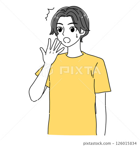 卡通風格的插圖，一名男子用手摀住嘴，一臉驚訝（黃色 x 灰色） 126015834