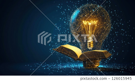 Illuminated Lightbulb Over Open Book, Concept of Knowledge, Digital Network Background 126015945