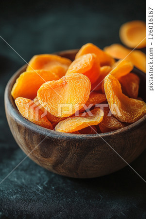 A wooden bowl brimming with dried apricots, some scattered around, their vibrant orange color contrasting beautifully with the dark, textured surface below. A wooden bowl brimming with dried apricots, some scattered around, their vibrant orange color contrasting beautifully with the dark, textured surface below. 126016167