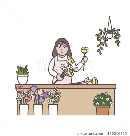 一位女花店製作花束的插圖 一位女花店製作花束的插圖 126016213