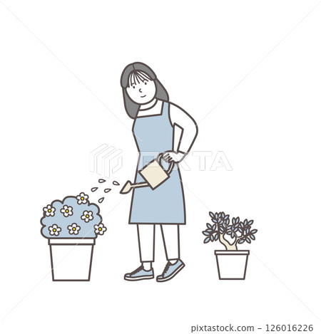 一位女花店主正在為植物澆水的插圖 126016226