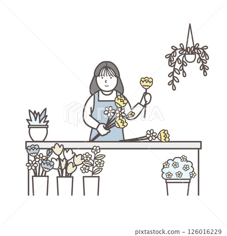 一位女花店製作花束的插圖 126016229