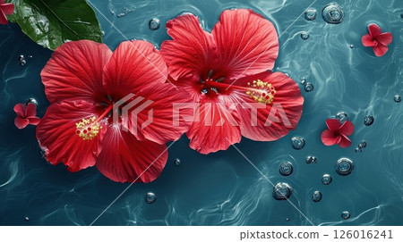 Red Hibiscus Flowers on Water Surface with Bubbles and Tropical Leaves Red Hibiscus Flowers on Water Surface with Bubbles and Tropical Leaves 126016241
