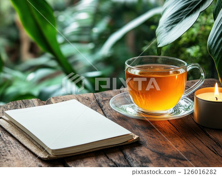 Tranquil tea, notebook, candle on wooden table with garden view 126016282