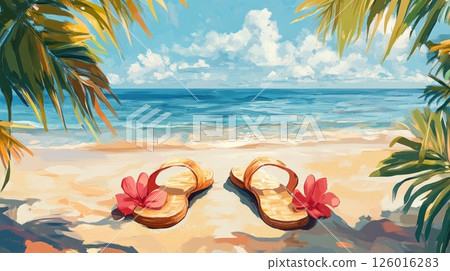 Tropical beach scene with sandals, palm trees, ocean, and flowers 126016283