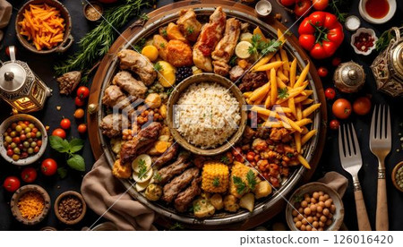 A table adorned for Eid al-Adha, showcasing Mandi, meat, rice, and a lantern, set against a festive background A table adorned for Eid al-Adha, showcasing Mandi, meat, rice, and a lantern, set against a festive background 126016420