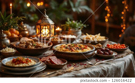 A festive table for Eid al-Adha displaying Mandi, meat, rice, and a lantern, creating a warm atmosphere A festive table for Eid al-Adha displaying Mandi, meat, rice, and a lantern, creating a warm atmosphere 126016422