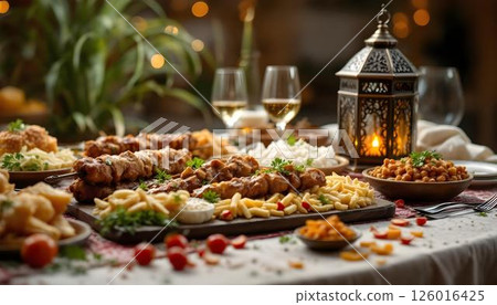 An inviting table filled with assorted foods for Eid al-Adha, including kebabs and Kavurma, set in a festive background An inviting table filled with assorted foods for Eid al-Adha, including kebabs and Kavurma, set in a festive background 126016425