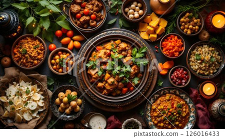 A table adorned for Eid al-Adha, featuring a tagine of meat and vegetables, complemented by a glowing lantern A table adorned for Eid al-Adha, featuring a tagine of meat and vegetables, complemented by a glowing lantern 126016433